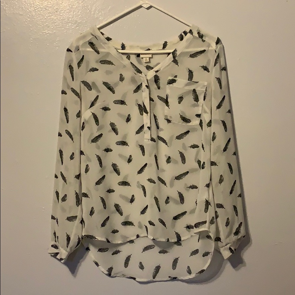 Sheer white blouse with feathers
